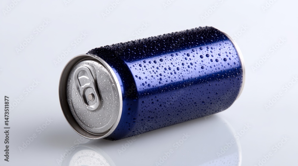Aufkleber a close-up view of a cold aluminum drink can covered in condensation droplets resting on a white sur