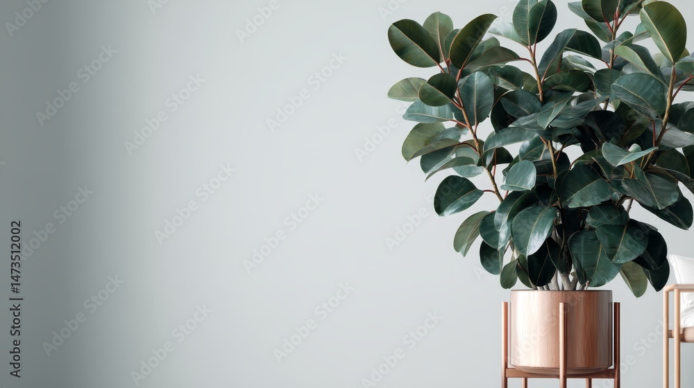 Fototapete deep green foliage and textured leaves surround a stylish metallic copper stand, creating a striking