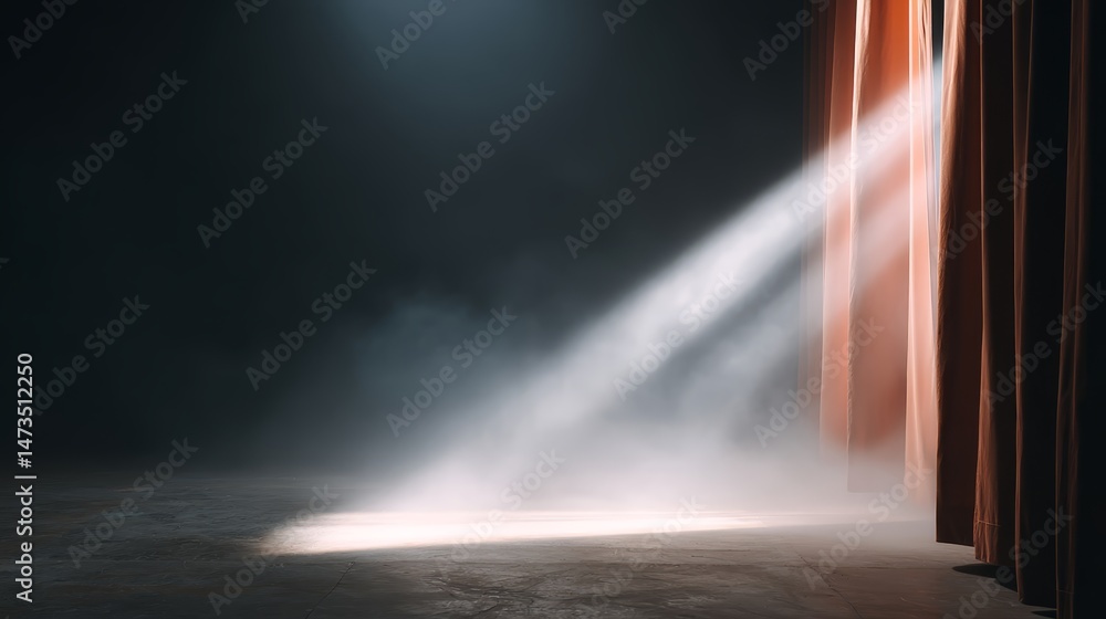 Poster Stage lights break through haze as curtains open, creating an exciting atmosphere for the start of a performance in a theatrical setting, with space for text