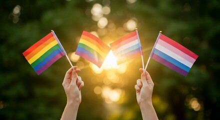 Hands Hold Pride Flags Against Blurred Green Foliage With Sun Flare Symbolizing Lgbt Awareness During Pride Month