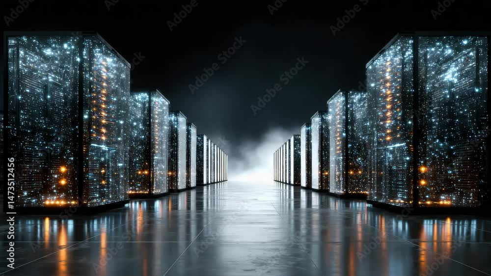 Poster a futuristic data center with rows of illuminated server racks and a reflective floor, emitting a hi