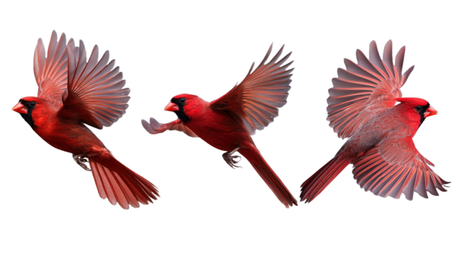 northern cardinal bird set red cardinal in flight, collection of 3, front left right angle variation, cutout isolated white background