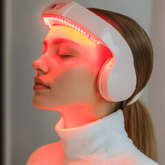 Young female relaxing with led light therapy device in modern setting