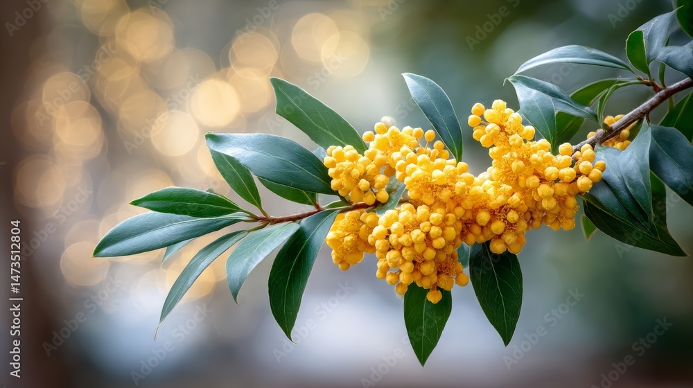 Poster golden hour light enhances the beauty of a cluster of small yellow blossoms, while soft bokeh in the