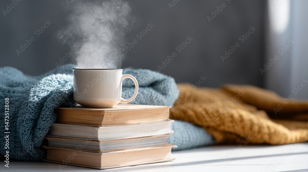 Fototapete a steaming cup rests atop a stack of books, embraced by a cozy throw blanket, while soft light strea