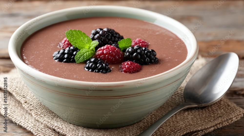 Poster smooth brown yogurt base is elegantly adorned with clusters of dark berries and a fresh mint leaf, d