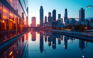 Modern City Skyline Reflected in Colorful Glass Building Facade. High quality