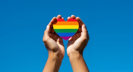 Hands Holding Rainbow Heart Symbolizing Pride Month Against Clear Blue Sky Representing Love and Support