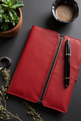 Red leather notebook with pen, a personal business accessory on paper