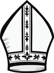 Ornate Pope Mitre Vector Illustration – Black and White Floral Bishop Hat Line Art for Religious Design