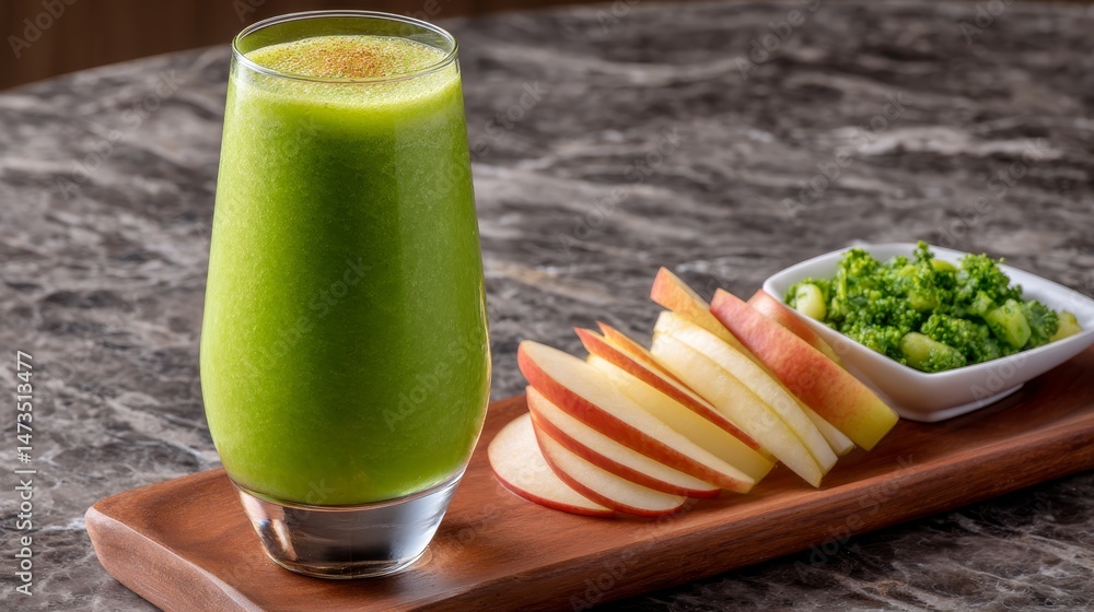 Poster bright green juice in a sleek glass pairs perfectly with sliced apples and cucumbers on a wooden boa