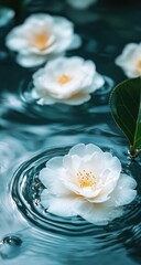 Delicate white camellia flowers floating on rippled water