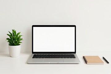 Fototapeta premium White Background Simple Office Workspace Laptop Notebook