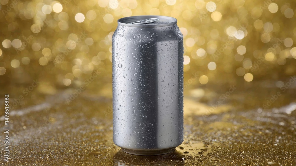 Poster Metallic beverage can glistens with water droplets, set against a backdrop of golden bokeh lights, evoking a cool and refreshing vibe with ample space for text