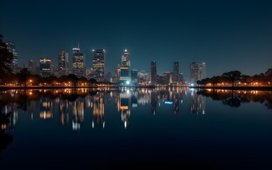 Naklejka premium Night Cityscape Reflection in Dark Water. High quality
