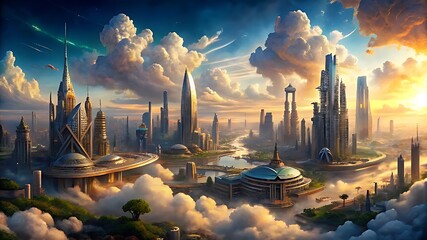 Fototapeta premium Futuristic Cityscape Skyline at Sunset Cloudscape Modern Architecture Urban Fantasy Digital Art