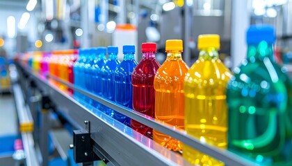 Colorful liquids move on a conveyor belt in a factory, bottles arranged, production line visible