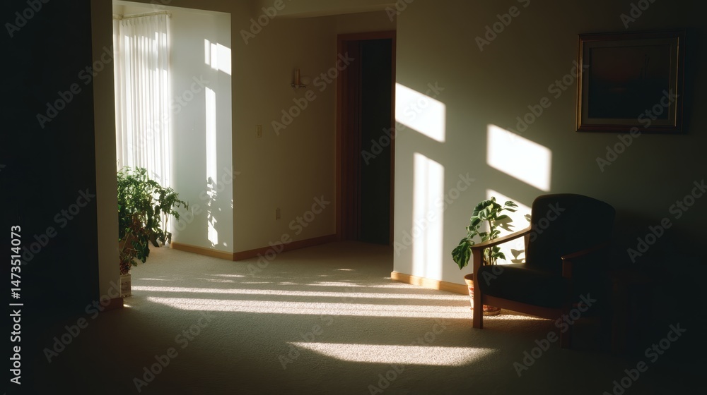 Poster close-up view of a leather chair in a dark-walled room. a ceramic pot plant complements the soft mor