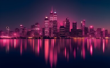 Fototapeta premium Night City Skyline with Overlay of Pink Stock Market Data Graph. High quality