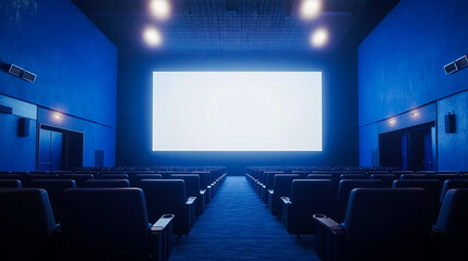 Blue cinema hall with white blank screen and empty seats. Concept of movie theater, entertainment, and leisure