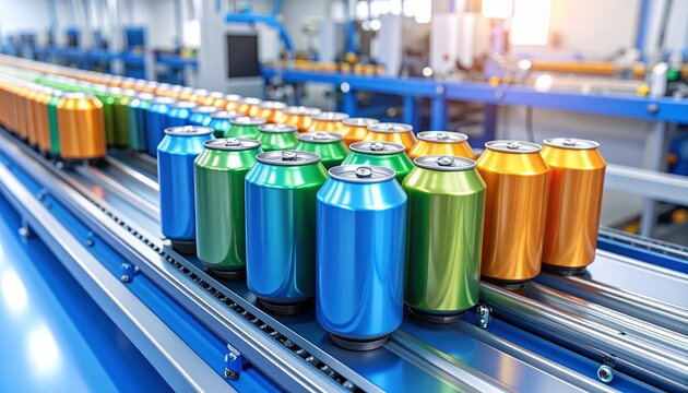 Colorful metal cans move along a conveyor belt inside an automated production factory