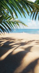 Tropical beach scene with palm leaves casting shadows on sand
