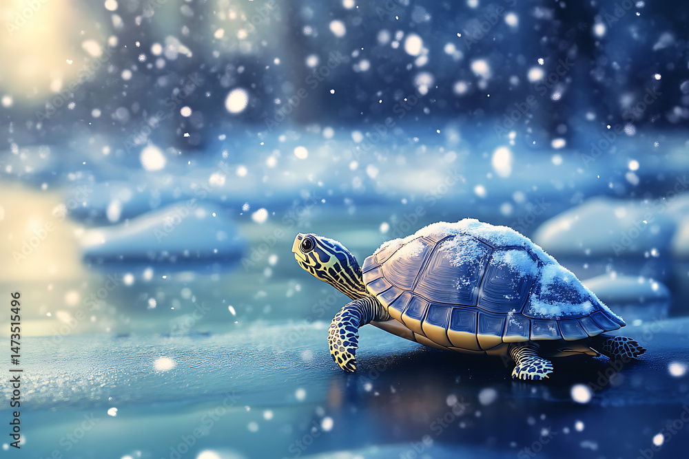 Poster a turtle slowly traversing a snowy landscape by a frozen lake, surrounded by falling snowflakes