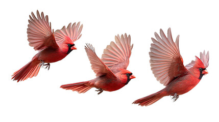 northern cardinal bird set red cardinal in flight, collection of 3, front left right angle variation, cutout isolated white background