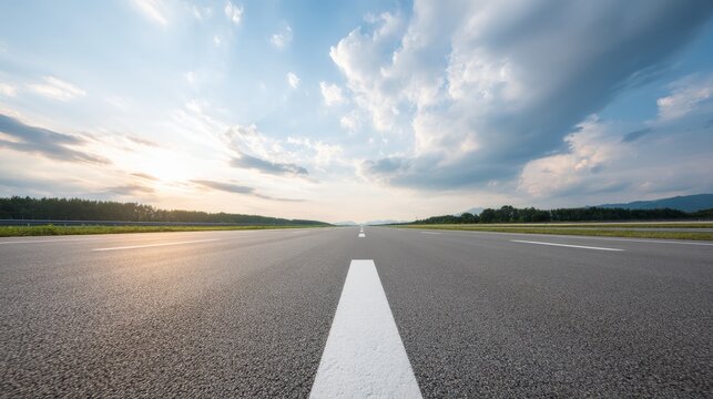 A low angle view captures an empty highway leading into a captivating horizon, adorned with colorful clouds during sunset, creating a serene landscape
