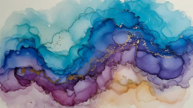 Abstract fluid art painting with blue, purple, and golden colors. Modern marble inkscape gradient background for banner, wallpaper, canvas print and creative decor.
