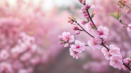 Springtime peach plantation with delicate pink blossoms blooming on rows of trees,