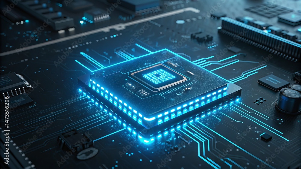 Poster illuminated high-tech microprocessor on circuit board
