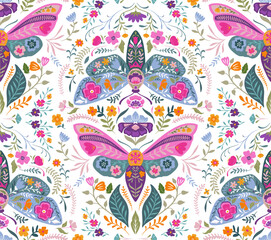 Vector seamless pattern with ornate insects, beetles, butterflies. Folk art floral natural endless background.