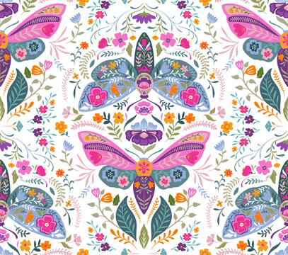 Fototapeta Vector seamless pattern with ornate insects, beetles, butterflies. Folk art floral natural endless background.