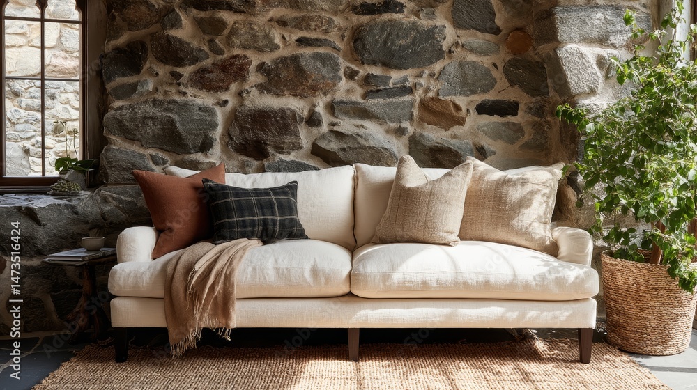 Aufkleber a stylish living space featuring a low sofa adorned with pillows, a textured stone wall behind it, a