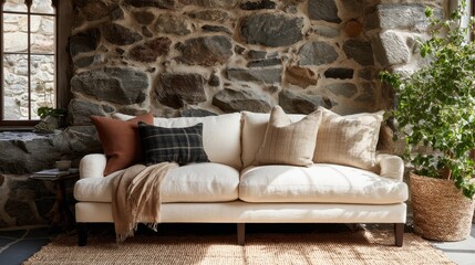 A stylish living space featuring a low sofa adorned with pillows, a textured stone wall behind it, and soft sunlight filtering through the window
