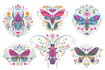 Set of six vector beautiful composition with ornate insects, beetles, butterflies. Folk art floral posters.