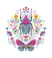 Vector beautiful composition with ornate insects, beetles, butterflies. Folk art floral poster.