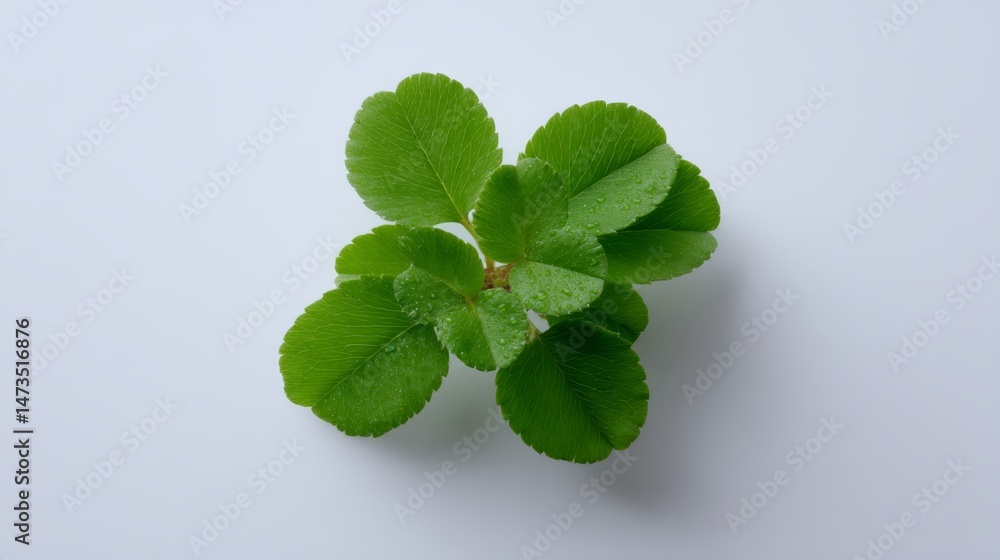 Aufkleber This close-up features a bright green four-leaf clover centered on a pure white background, with soft shadows enhancing its lush appearance and symbolism of fortune