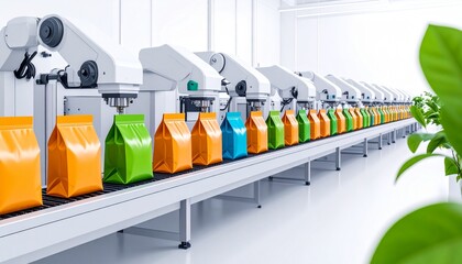 Automated factory line with colorful pouches being filled