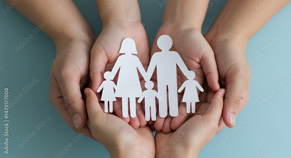 Poster loving family dynamic paper cutouts held affectionately in hands on light blue background symbolizin