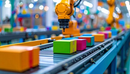 Robotic arm on conveyor sorts colorful boxes in a bright, modern factory setting