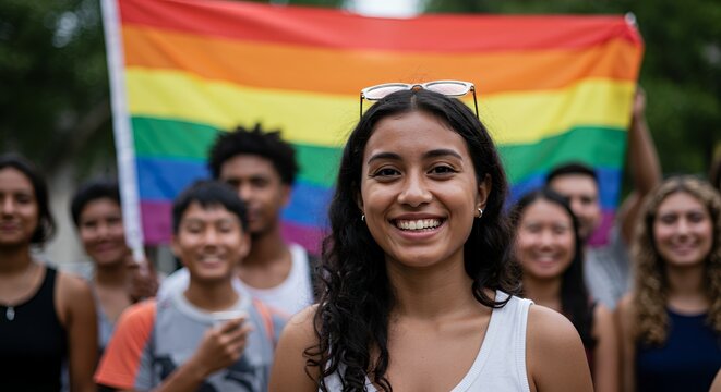 Medium Shot of Smiling Woman with Rainbow Flag Backdrop at Pride Parade Bathed in Soft Natural Lighting Representing Lgbt Awareness and Community with Diverse Group of People
