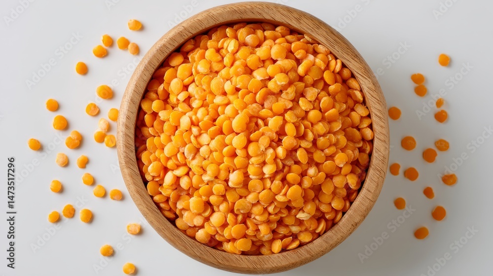 Poster a round wooden bowl overflows with orange lentils, set against a pristine white backdrop, casting a 