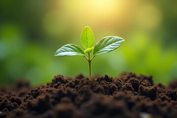 Fototapeta premium Tiny green sprout emerging from fertile soil symbolizing new life growth and nature