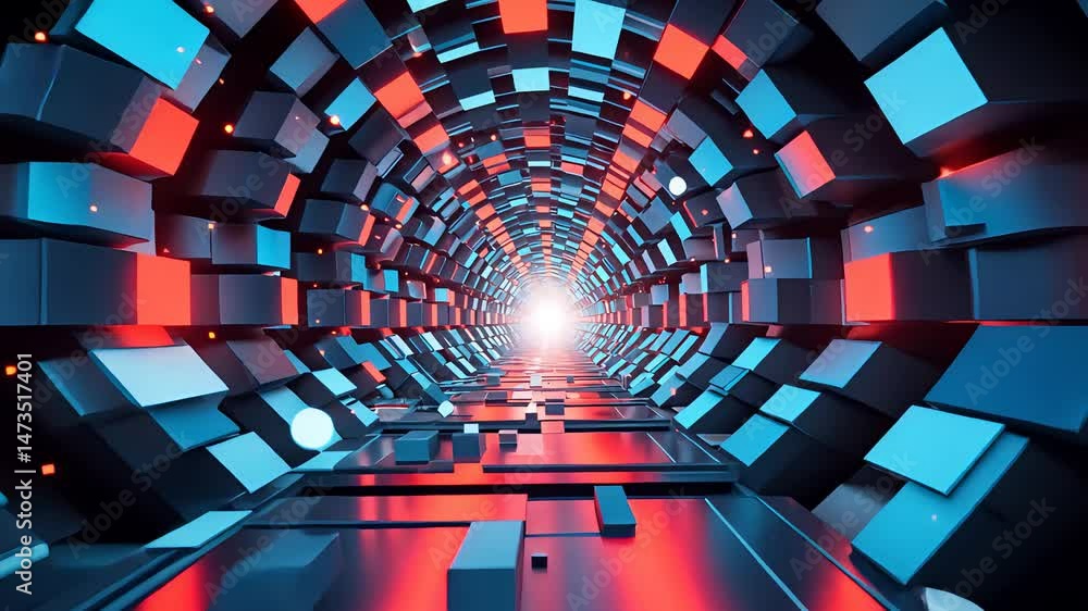 Poster futuristic digital tunnel with glowing lights and geometric blocks in high tech cyber environment