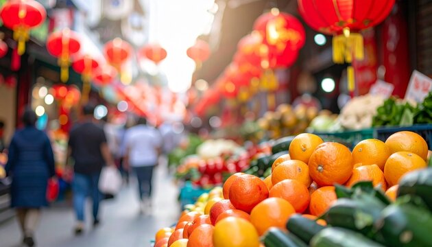 Festive market fruits, lanterns, and blurred people add color and movement to the street scene
