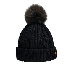 A stylish black knitted hat with a fluffy, oversized pom-pom on a plain surface. The cozy hat is perfect for staying warm and fashionable during cold weather.
