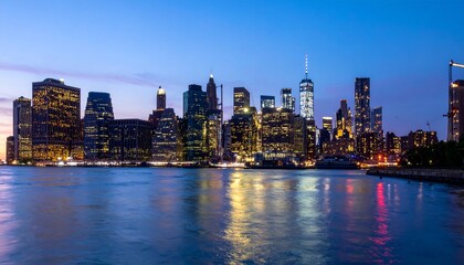 Illuminated city skyline at dusk reflecting in water