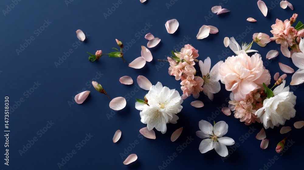 Poster scattered wildflowers in soft colors rest on a deep navy backdrop, suggesting a tranquil spring vibe